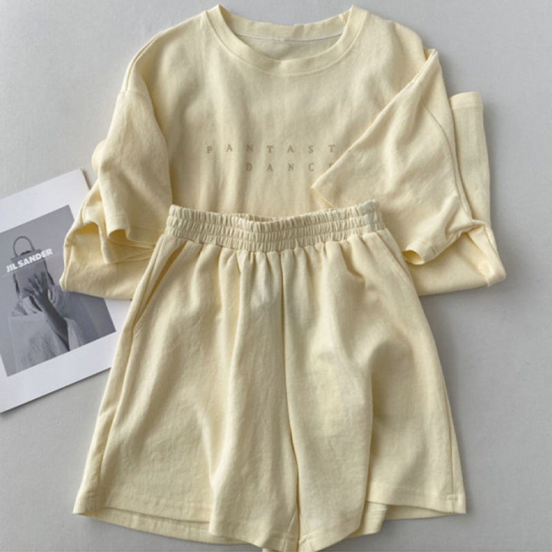 Cotton casual sportswear suit women's summer loose large size age-reducing short-sleeved fashion short-sleeved shorts two-piece set tide