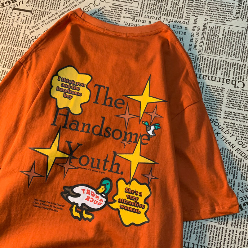 100% cotton summer Japanese cartoon print short-sleeved t-shirt male student loose trend ins couple half-sleeved T-shirt
