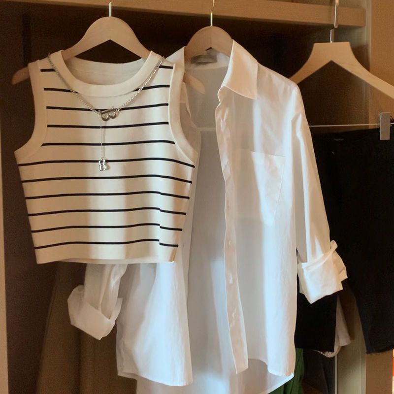 Spring and summer suit femininity thin shirt with striped knitted vest with suspenders casual two-piece suit