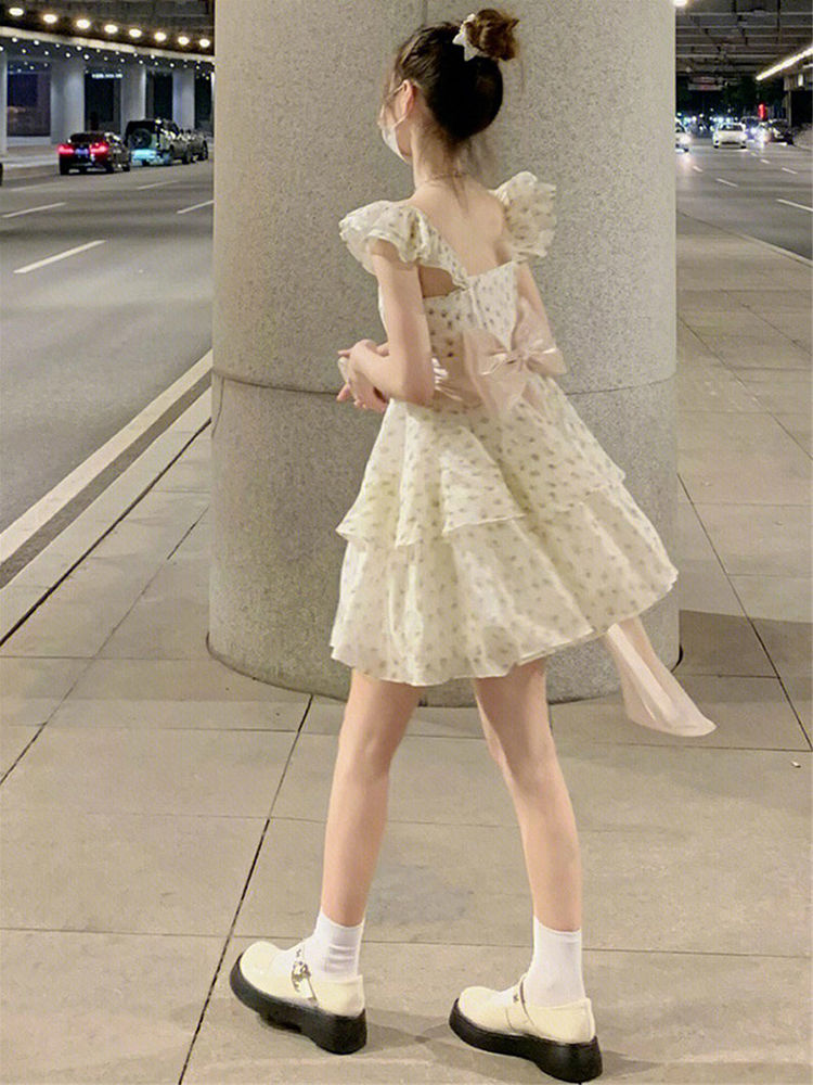 Sweet Floral Bowknot High Waist Sleeveless Dress Female Small Student Summer Waist Slim Puffy Skirt