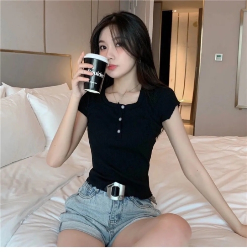 Slim Korean Hyuna style short solid color short-sleeved T-shirt summer color button female student top