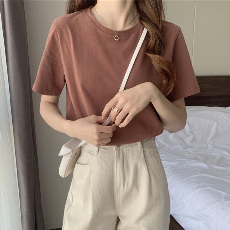Korean version 2023 new basic model round neck coffee color front shoulder short-sleeved t-shirt women's summer loose half-sleeved top bottoming shirt