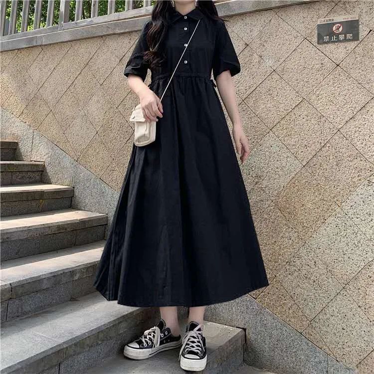 Summer Japanese POLO collar drawstring waist short-sleeved dress female student Korean version slim high waist black long skirt