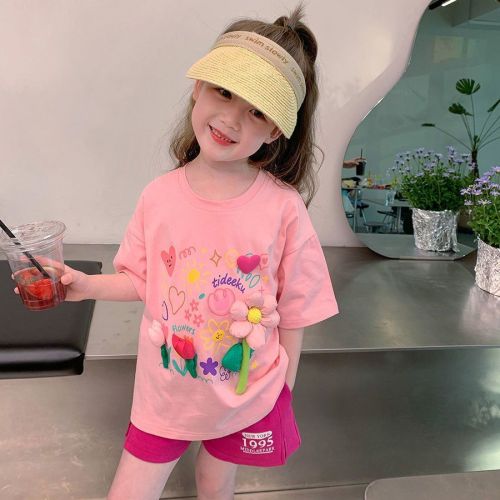 100% cotton children's baby girls 2023 summer new cartoon print quick-drying breathable short-sleeved T-shirt top