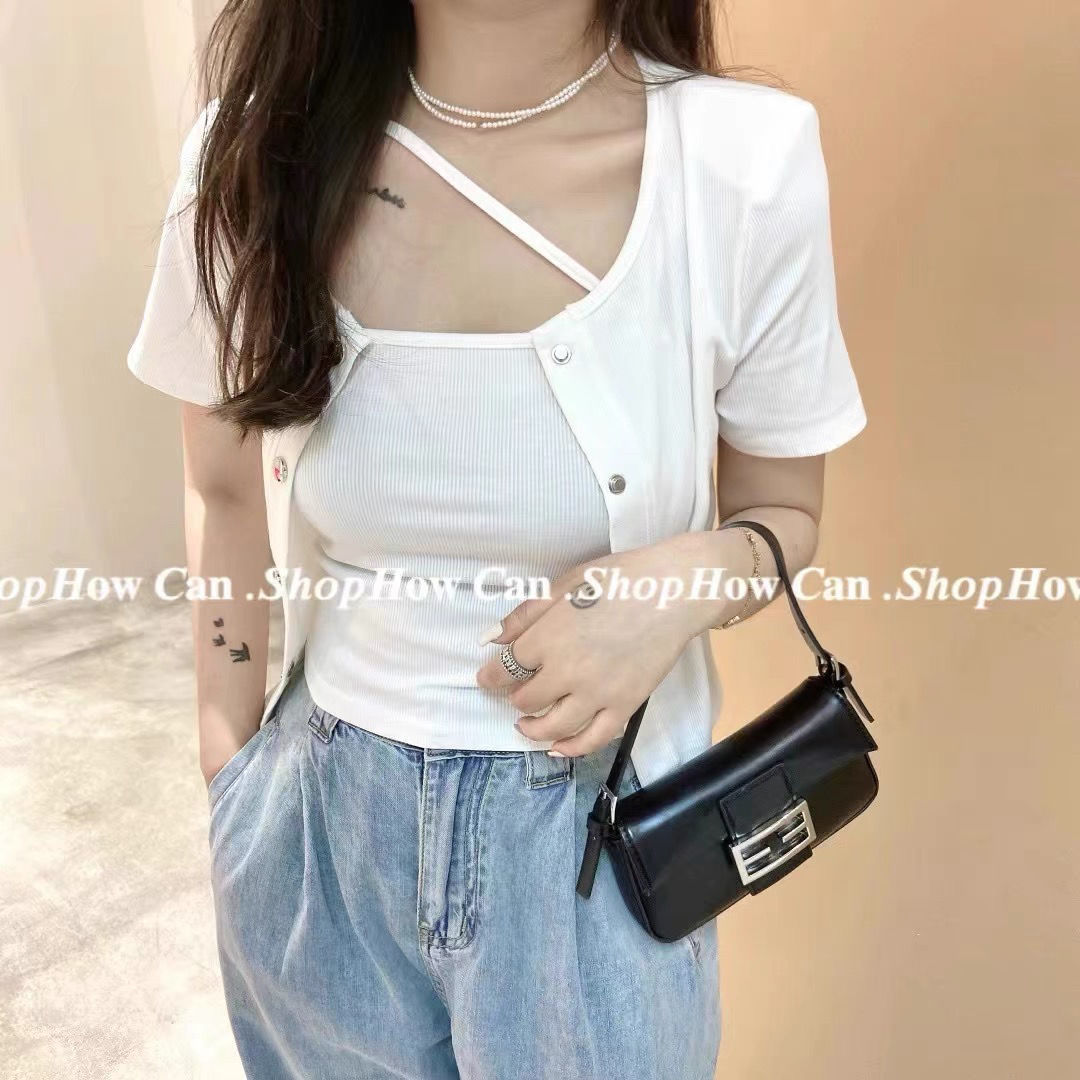 2022 Summer New E Camisole + Short-sleeved Small Coat Two-piece Set Versatile Slim Cardigan Suit Women's Fashion