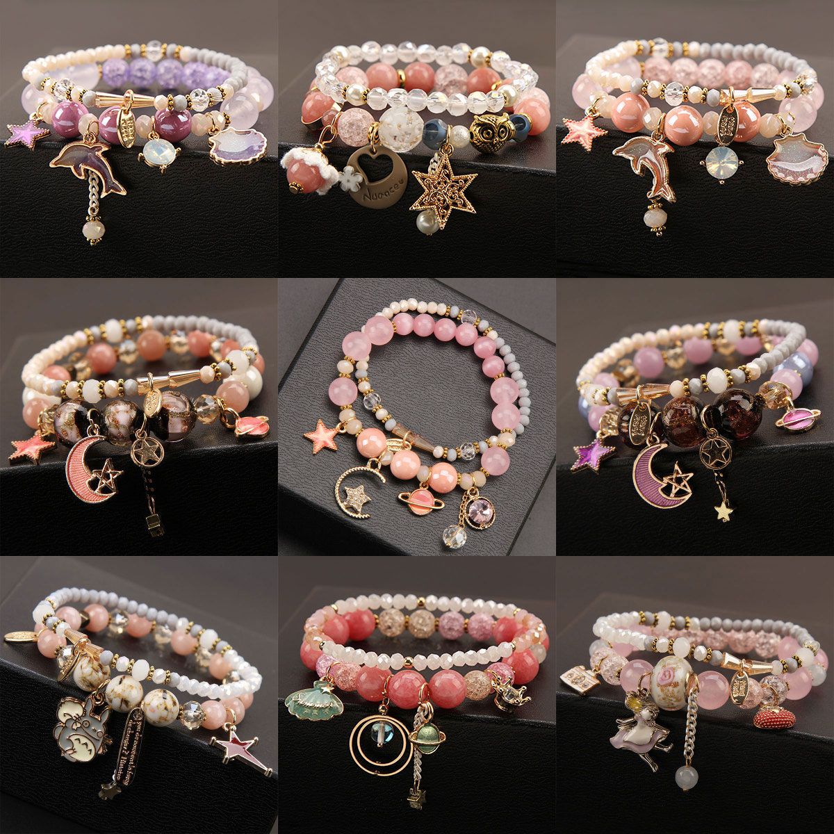 Korean Fashion Versatile Star Moon Glass Bead Crystal Bracelet Female Bracelet Boudoir Honey Mori Beaded Bracelet Jewelry