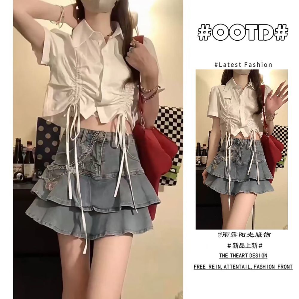 Summer small lively and age-reducing salt system wearing suit white short-sleeved shirt denim cake skirt two-piece suit