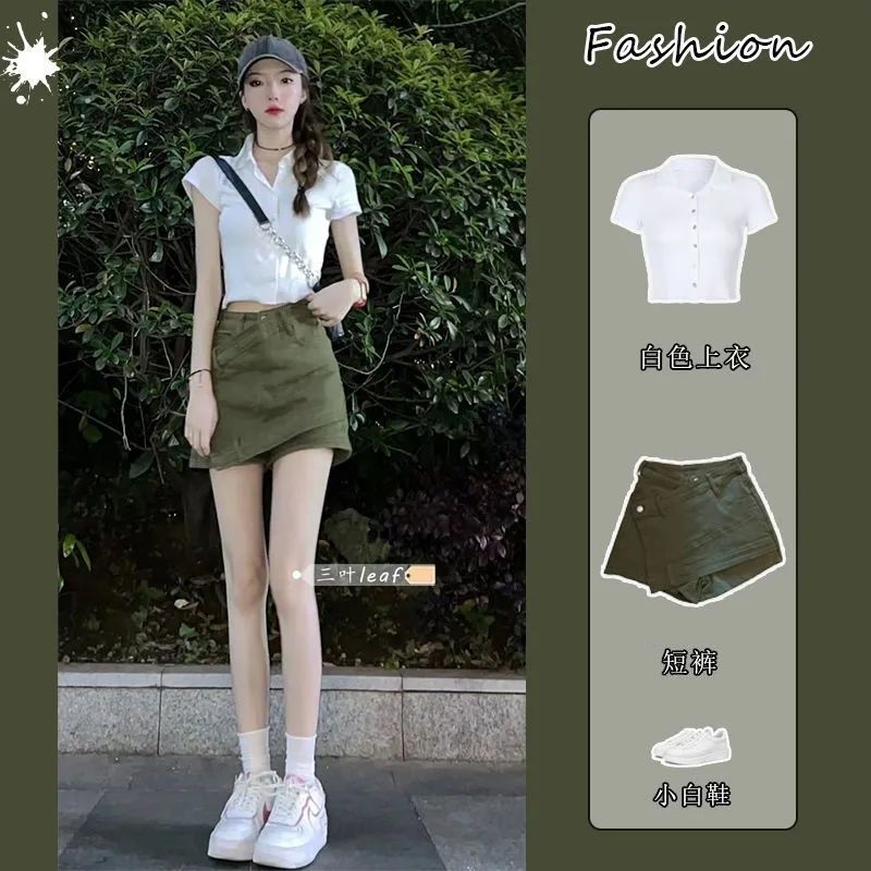 Summer sweet and salt style wears small female net red fried street sweet cool style hot girl top denim short skirt two-piece suit