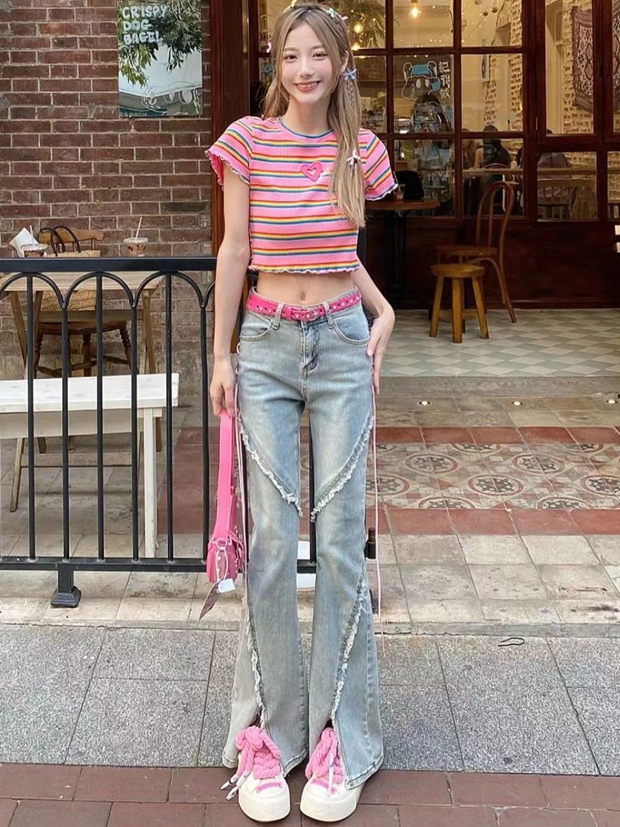 Korean drama wear sweet and spicy beautiful top design striped T-shirt hot style denim pants forest pure desire style suit