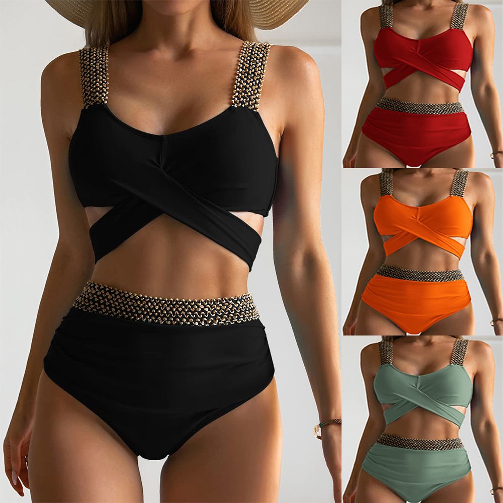 2023 European and American new bikini women's cross high-waisted swimsuit covering belly gold silk elastic band Amazon split swimsuit