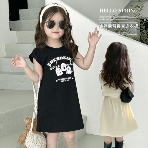 Girls sleeveless dress  summer new children's clothing fun graffiti back hollow children's mid-length T-shirt dress