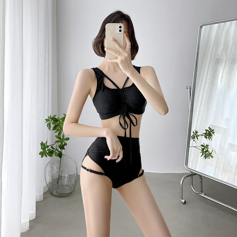 Korean black sexy strap high waist triangle bikini swimsuit female small chest gathered hollow split hot spring swimsuit