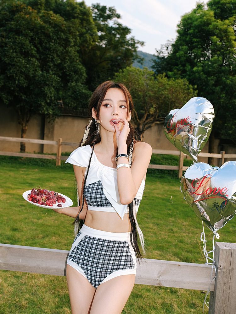 Viola Farfalla23SS slanted shoulder bow fashion sweet niche holiday hot spring split swimsuit