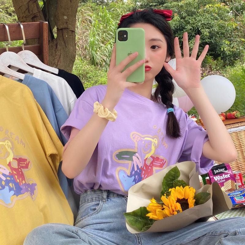 Summer 2020 new women's clothing Korean style loose graffiti printing short-sleeved T-shirt women's summer mid-length purple top