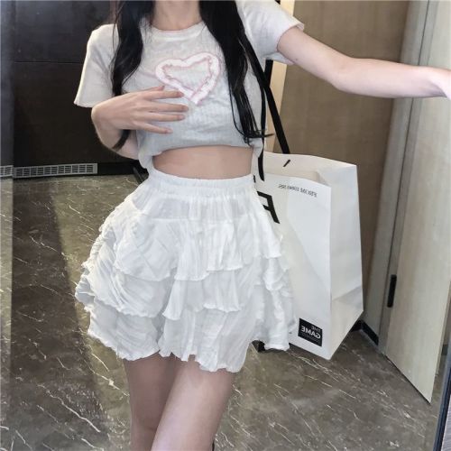 White a-line skirt female  spring and summer new niche pure desire style all-match short skirt high waist slimming cake skirt
