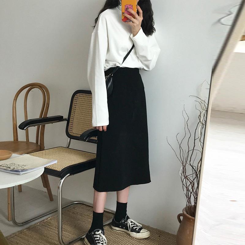 Plus size women's fat mm retro Hong Kong style slit skirt high waist slimming bottoming skirt loose all-match mid-length skirt trendy