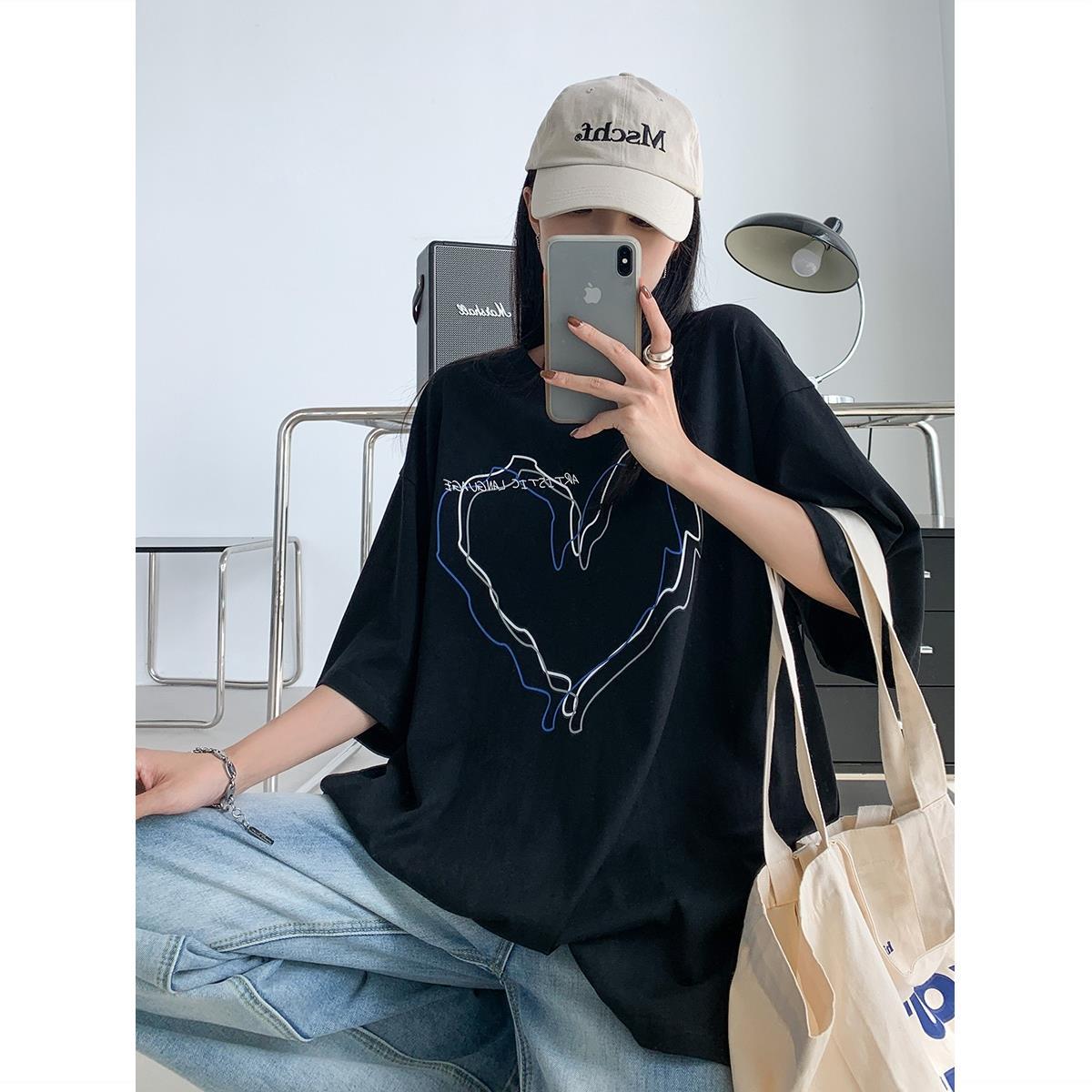 100% cotton summer student style simple drawing line love printing short-sleeved T-shirt women's loose casual round neck top
