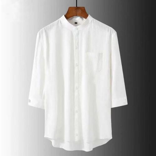 Three-quarter sleeve men's linen shirt summer new loose thin section breathable pure color cotton and linen shirt men's white middle sleeve