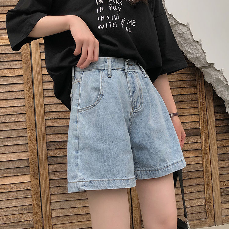 Denim shorts women's 2021 spring and summer new Korean version of high-waisted a-line pants ins student loose straight wide-leg hot pants trend