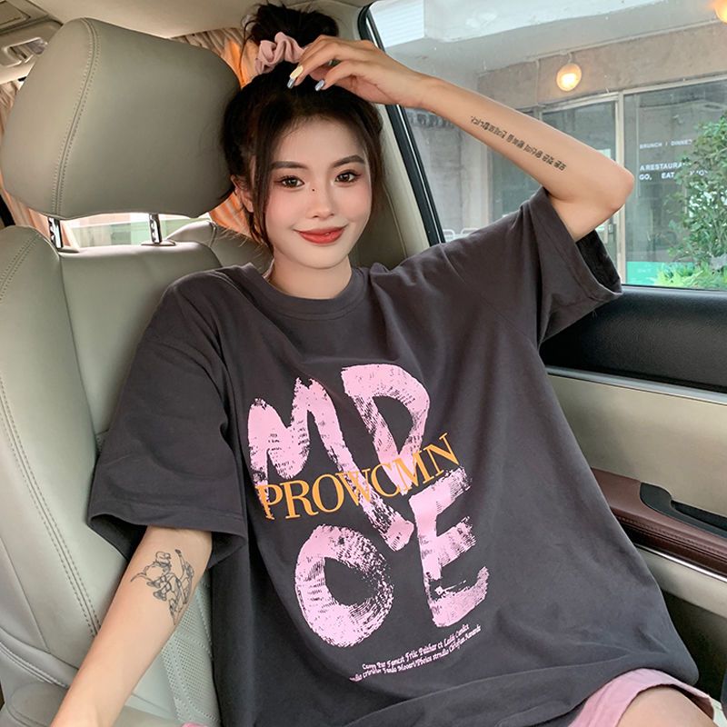 Pure cotton American street T-shirt women's summer 2022 new couple loose mid-length letter print short-sleeved top