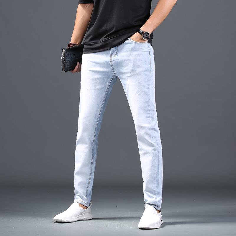 Light-colored jeans men's slim-fit feet light blue casual pants washed white thin section all-match straight summer