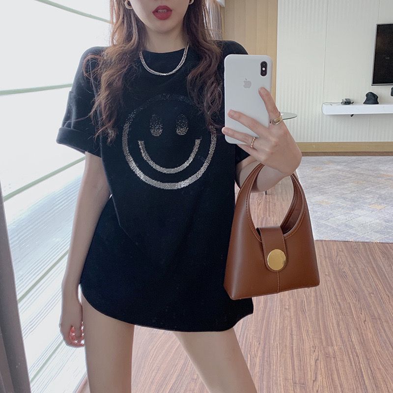 Smiley face printing loose short-sleeved T-shirt women 2023 spring and summer new casual bottoming shirt women's top t-shirt