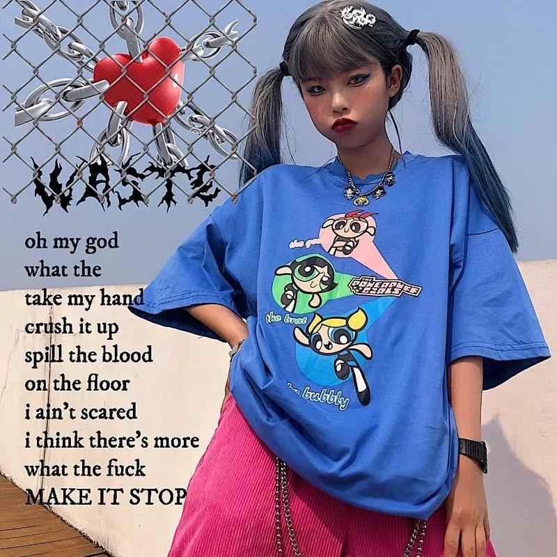 100% cotton summer Korean short-sleeved women's ins dark retro hip-hop anime loose T-shirt student top trend