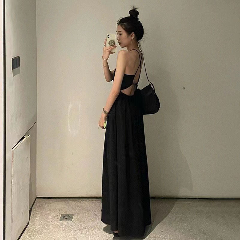 French Spice Girls Backless Sling Dress Female 2023 New Summer Holiday Style Chic Unique Waisted Long Skirt