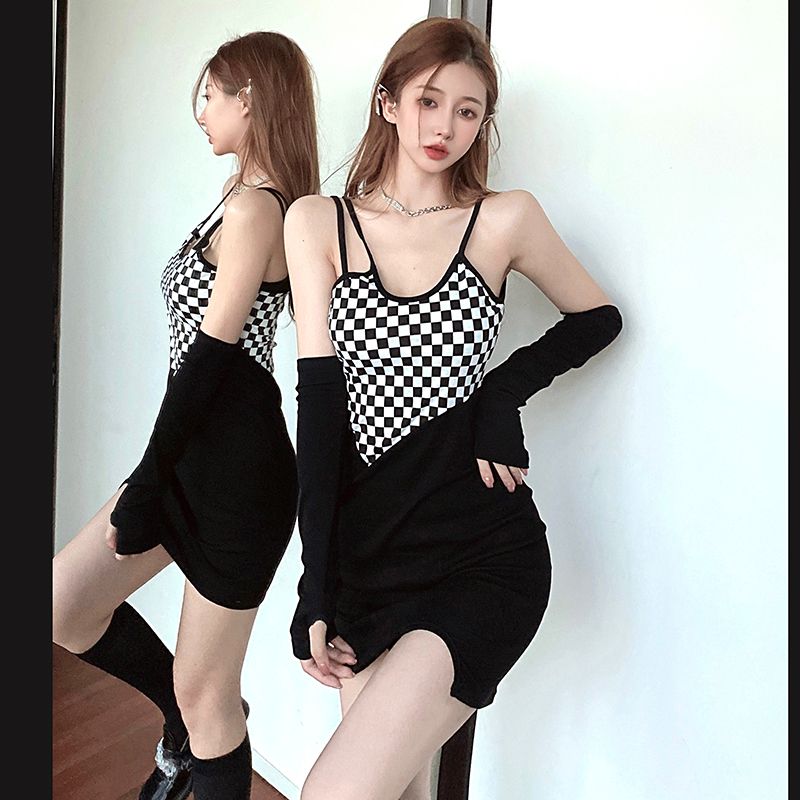 Irregular Design Fake Two-piece Black and White Grid Stitching Suspender Dress Sexy Waist Slim Slim Thin Package Hip Dress