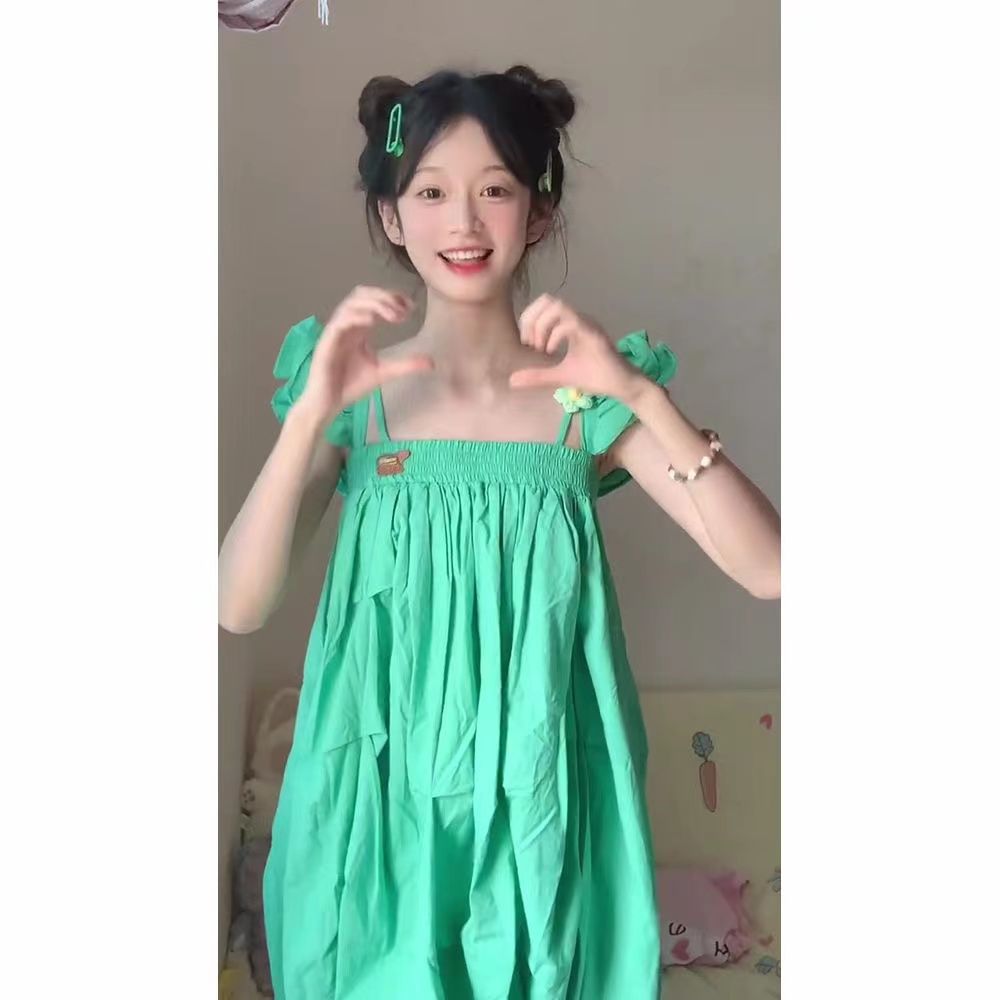 Sweet and cute dopamine wear candy-colored suspender dress female student summer loose meat-covering a-line skirt