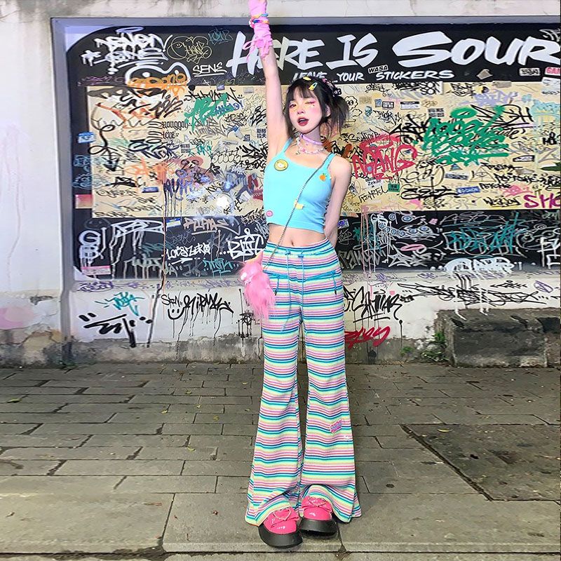 [Slightly Drunken Baileys] Dopamine Wear Girls Embroidered Camisole Color Striped Lace Casual Trousers