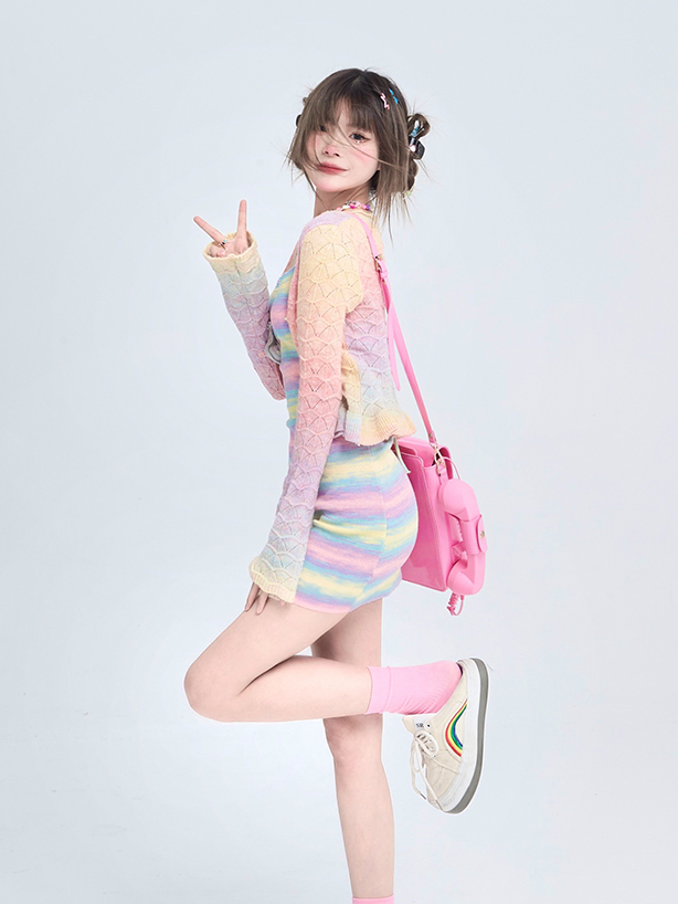 Sling dress female summer dopamine wear short skirt hot girl slim knitted rainbow skirt cardigan two-piece set