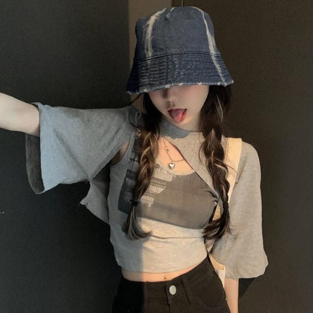 Two-piece suit student Korean style Chic Korean girl loose all-match printed vest + irregular short-sleeved T-shirt