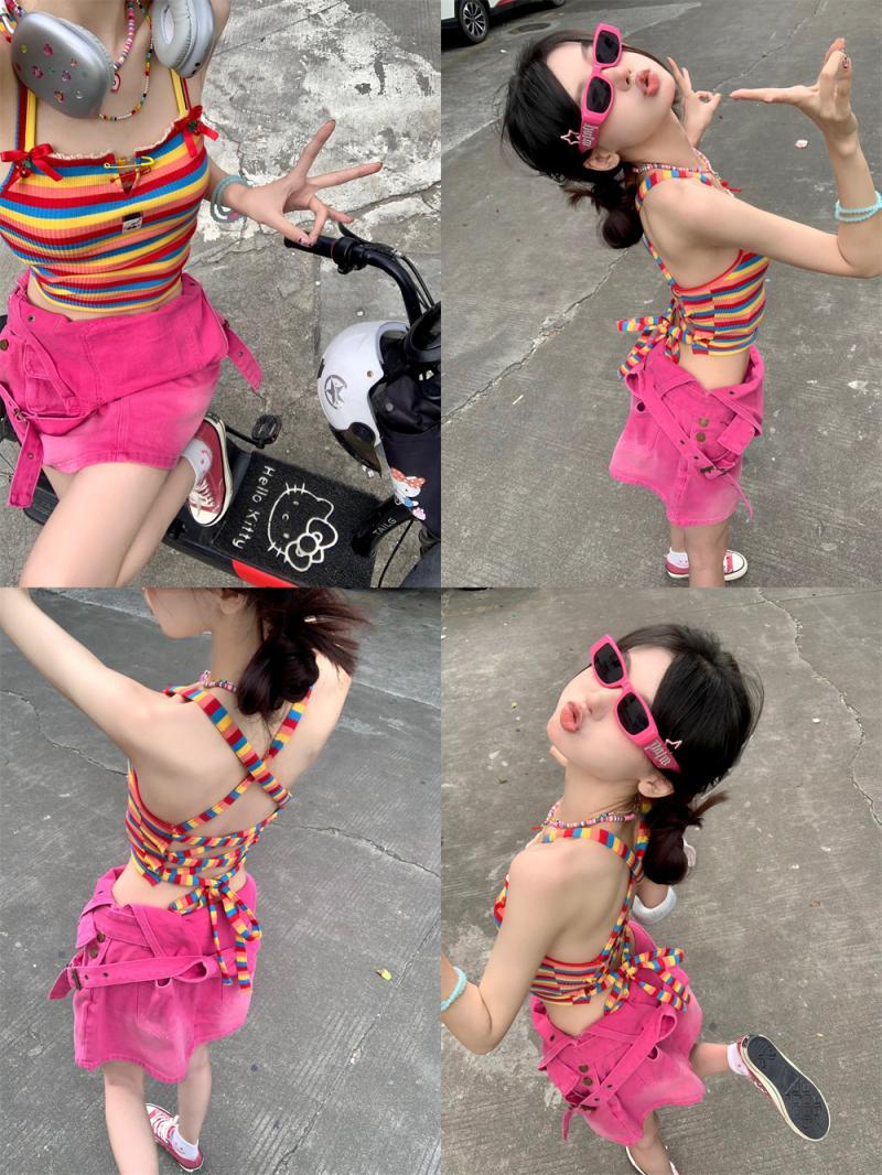 Dopamine Rainbow Striped Camisole Women's Summer Design Sweet and Spicy Short Halter Cross Strap Top