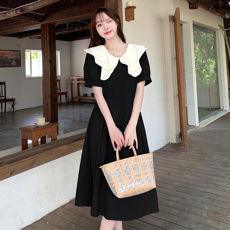 Plus size women's summer new little black dress fat mm belly cover thin dress French ruffled collar age reduction tea break