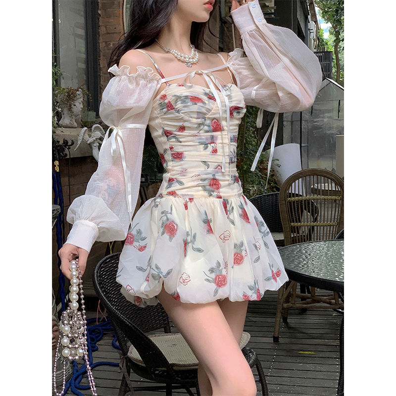 Aunt Barbie Puff Sleeve Floral Dress Women Summer Dopamine Beautiful Oil Painting Bud Skirt French Suspender Skirt