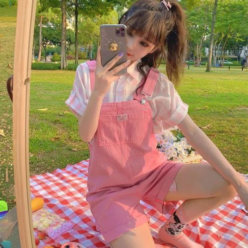 Sweet pink denim overalls summer women's loose and thin internet celebrity fashion age-reducing small one-piece shorts