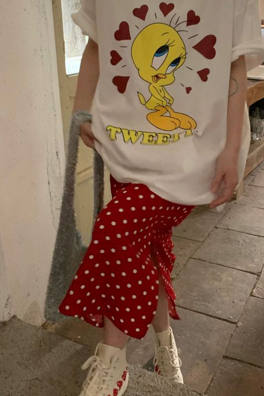 Cartoon children's fun printed T-shirt / high-waist slim polka-dot skirt with slits two-piece set