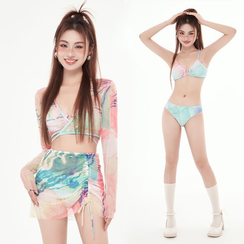 Bikini four-piece color split swimsuit women's long-sleeved blouse ins style high-end swimsuit pure desire wind hot spring