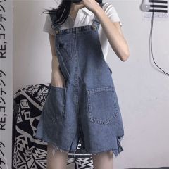 Denim one-piece pants female spring new ins retro old hole shorts loose slim bf bib overalls tide