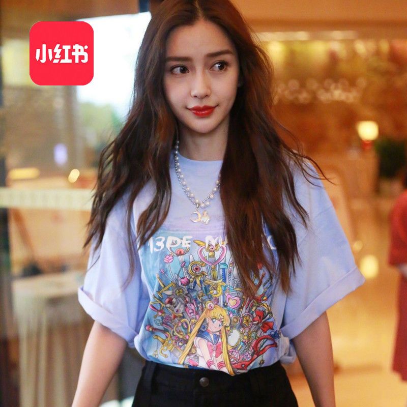 Pure cotton summer baby Yang Ying Zhao Lusi star same style beautiful girl loose blue short-sleeved T-shirt female 21 new
