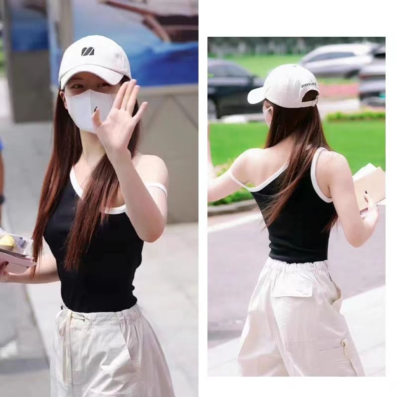 Zhao Lusi's same style 2023 summer new niche design sense asymmetric strapless camisole female slim top