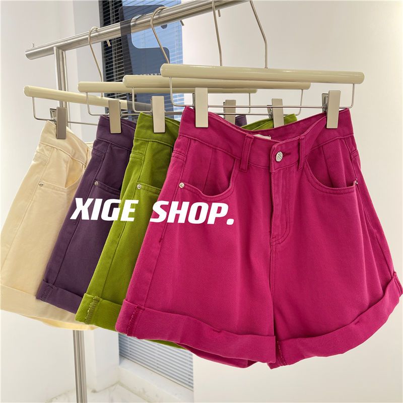 Candy-colored denim shorts women's summer 2022 new all-match fashionable high waist curly wide-leg hot pants rose red tide