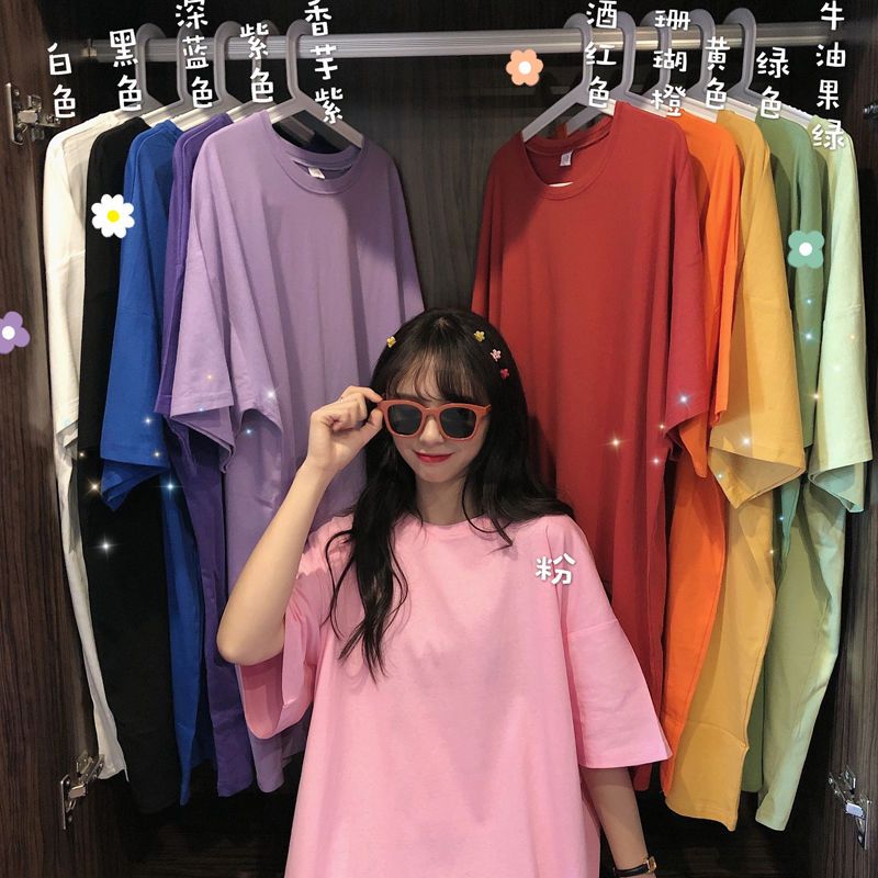 Pajamas women's summer short-sleeved thin candy-colored nightdress mid-length loose large-size solid-color students can wear home clothes