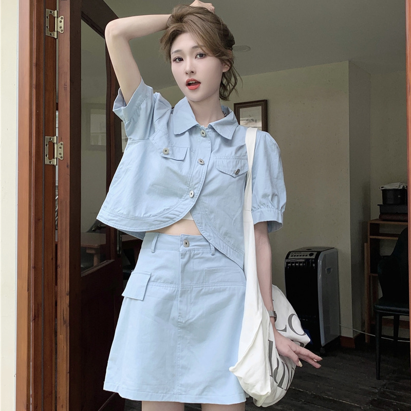 [Two-piece set female]Small sweet and pure blue Polo collar fashion denim top + a-line skirt trendy