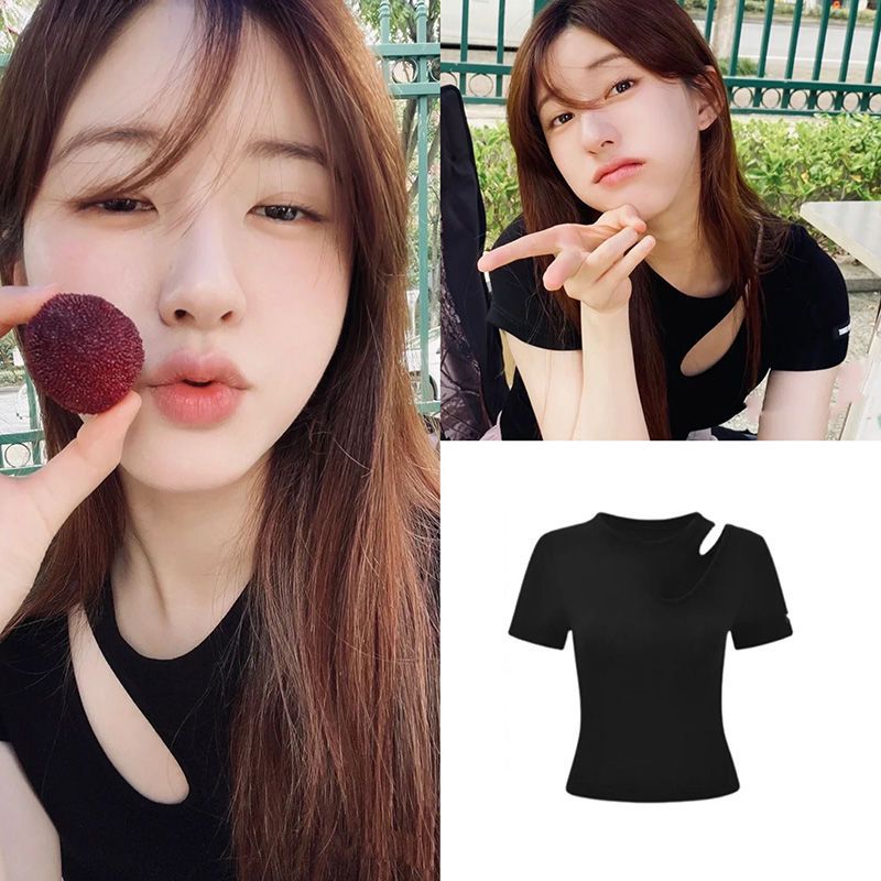 Zhao Lusi star same style black hollow slim slim short-sleeved T-shirt summer student thin section Korean top trend
