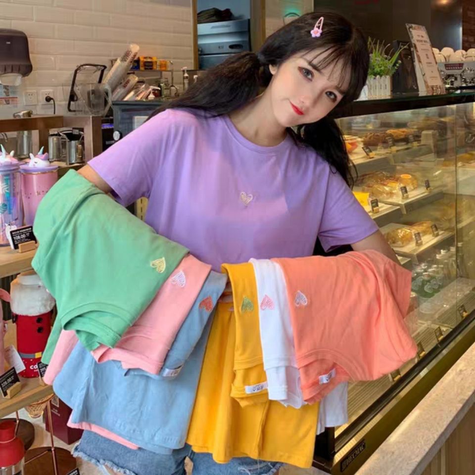 8846#Real shot Loose all-match embroidery net red short-sleeved T-shirt women (milk silk) 7 colors