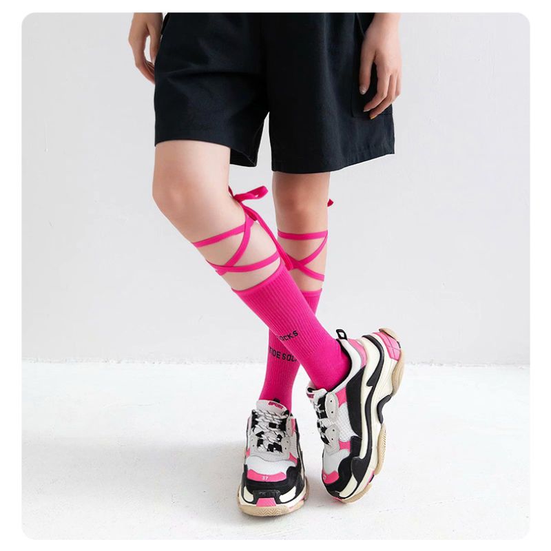 Trendy strappy sports socks long tube ins wind summer sports cotton socks fluorescent strappy night running cycling sports socks absorb sweat