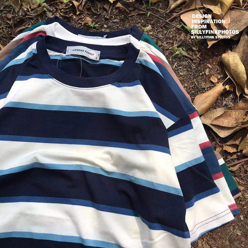 Hong Kong style ruffian handsome retro hit color striped short-sleeved t-shirt male couple five-quarter sleeves loose trendy handsome high street t-shirt