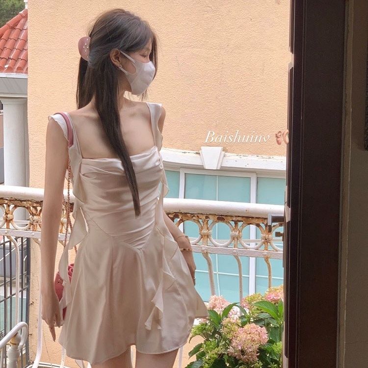 High quality Zhao Lusi same style short backless suspender skirt dress